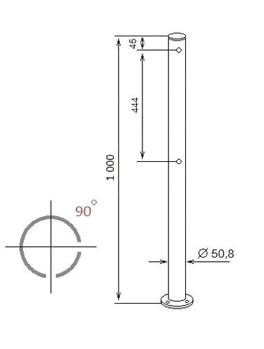 Двухсторонняя стойка ограждения с 4 отверстиями (угол 90 град.) ASP-D50,8-03 из нержавеющей стали AISI304