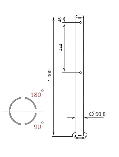Трехсторонняя стойка с 6 отверстиями (угол 90 и 180 град.) ASP-D50,8-04 из нержавеющей стали AISI304