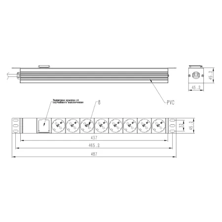 Блок розеток Netko "S" 19", 16А, 8 розеток, шнур 2м, выключатель, черный