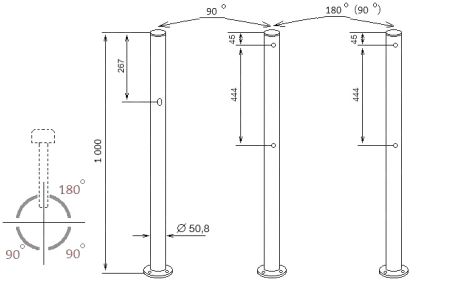 Трехсторонняя стойка с отверстием для фиксатора створки и 6 отверстиями (90 и 180град.) ASP-D50,8-09 из нержавеющей стали AISI304