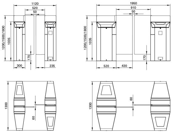 Центральная секция C раздвижного турникета Magnetic MPH-112C-A111 520 мм, со створками 1200 мм
