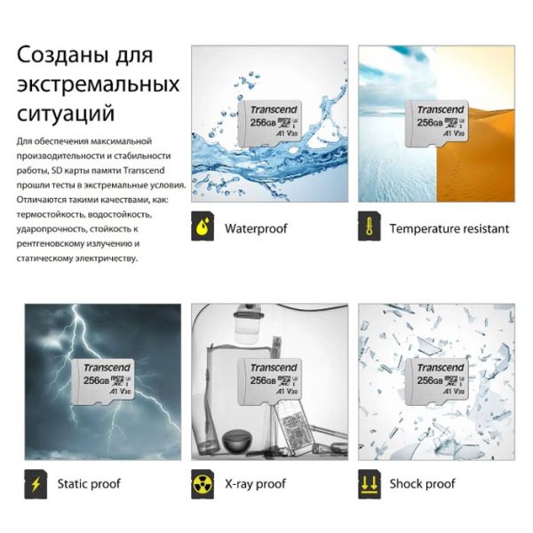 Карта памяти microSDXC Transcend 256 ГБ, TS256GUSD300S-A, UHS-I U3 V30 A1 + ADP (100/40 Mb/s)