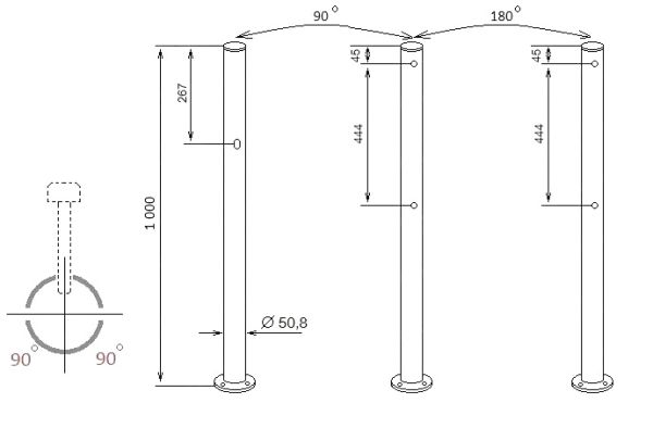 Трехсторонняя стойка с отверстием для фиксатора створки и 4 отверстиями (угол 90 град.) ASP-D50,8-08 из нержавеющей стали AISI304